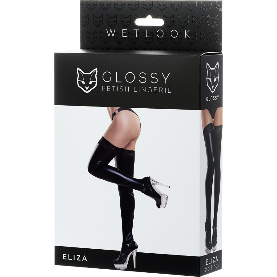 Glossy ELİZA Dantelİ Deri Çorap, Wetlook , siyah, M