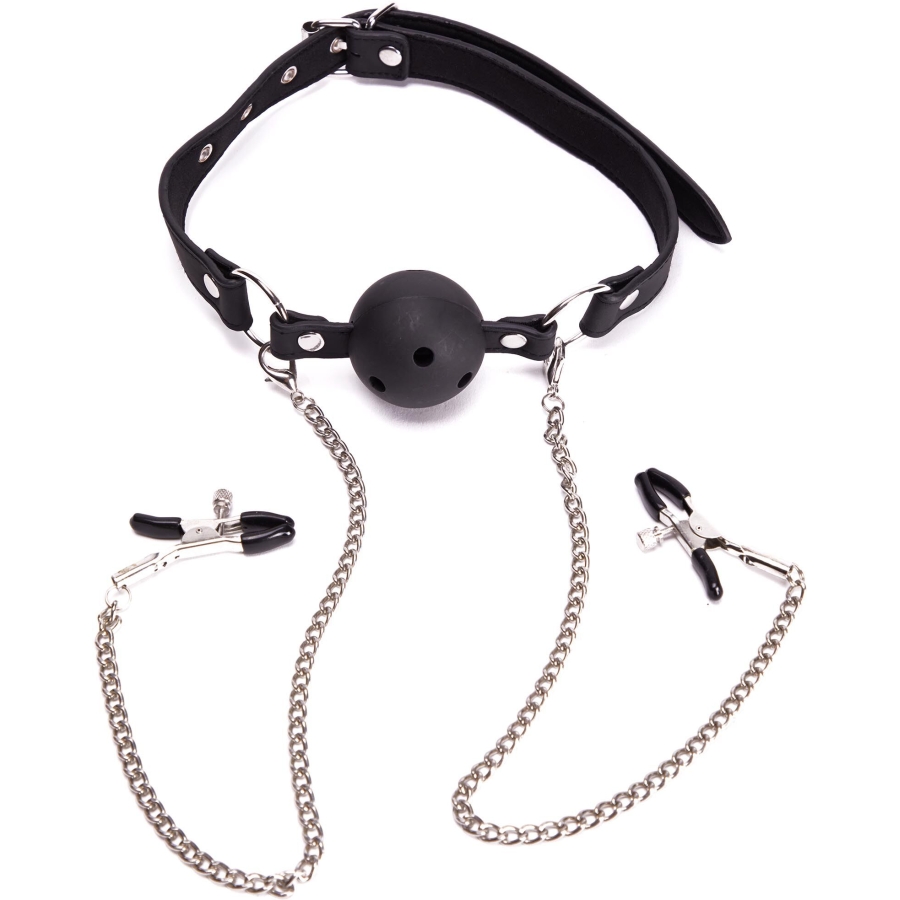 Hakiki deri ball gag + meme ucu kıskacı