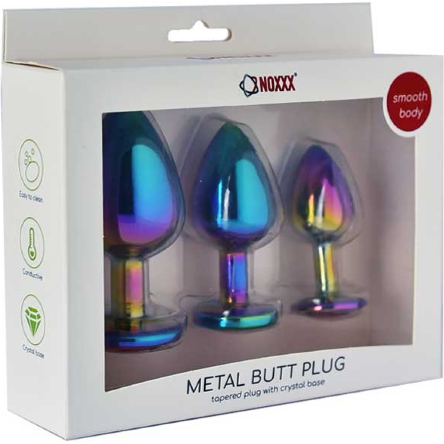 Noxxx taşlı çok renkli çelik anal plug - 3 boy set