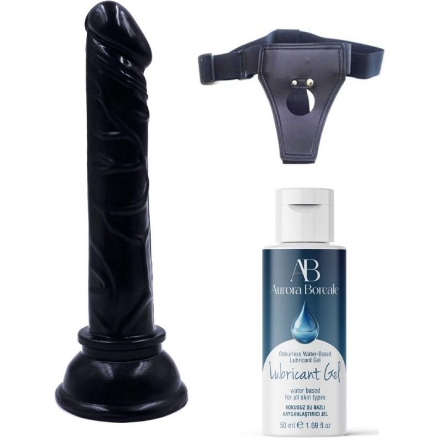 Belden bağlamalı kayganlaştırıcı set siyah renk gerçekçi 15cm anal dildo