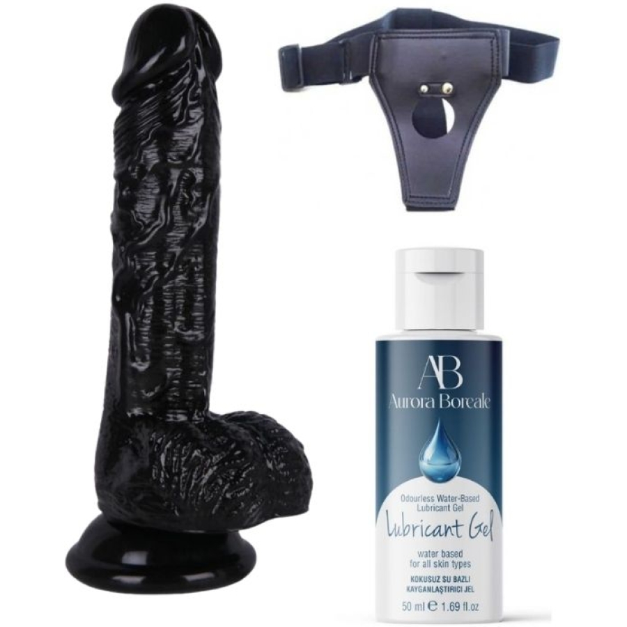 Belden bağlamalı kayganlaştırıcı set noctis 18cm siyah dildo no:46