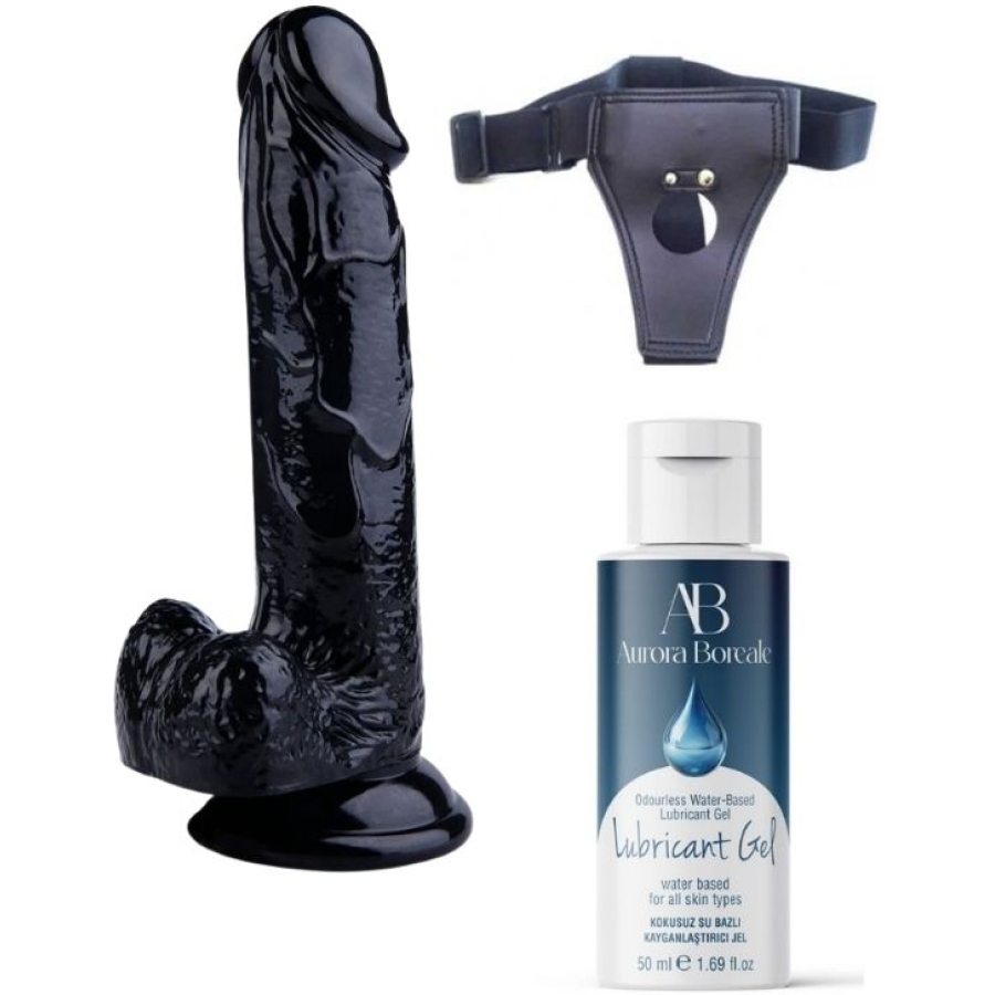 Belden bağlamalı kayganlaştırıcı set noctis 20cm siyah dildo no:17