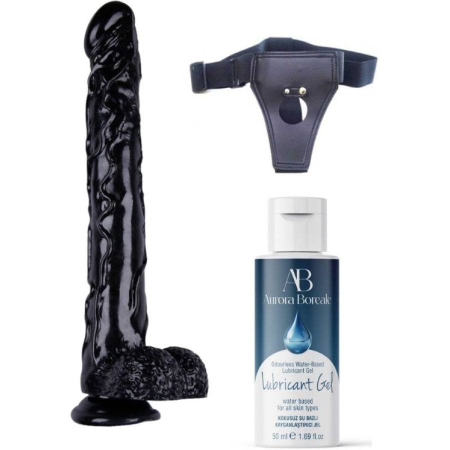 Belden bağlamalı kayganlaştırıcı set + noctis 42cm siyah dildo